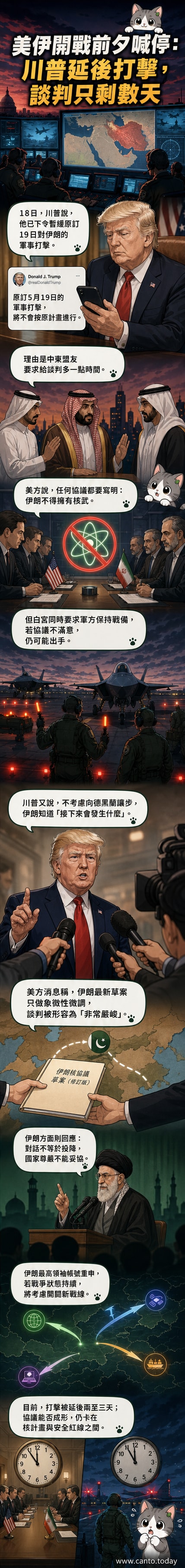 一張國際政治風格插畫：遠處是美國與伊朗的軍事對峙場景，中間地圖顯示中東地區，上方文字標註「美伊局勢升溫」，特朗普與伊朗最高領袖形象分列兩側，氣氛緊張。