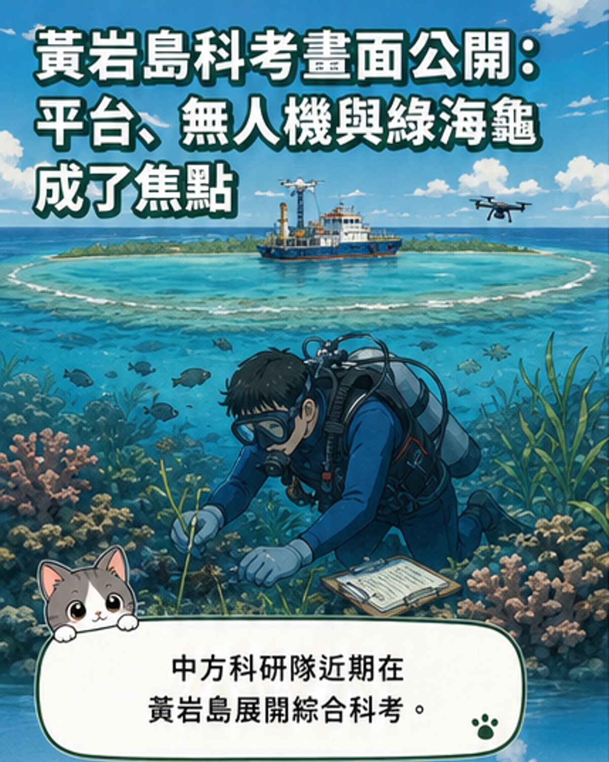 黃岩島潟湖中，一群綠海龜在清澈水域中成群游動，下方是茂密的海草床，遠處可見科研浮動平台與小艇。