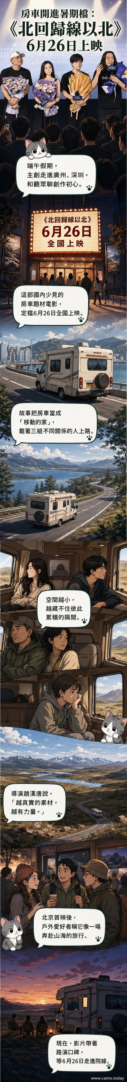 電影《北回歸線以北》海報，一輛房車行駛在夕陽下的開闊山路上，遠處是連綿山巒與金色天空，傳遞自由與療癒的氛圍。