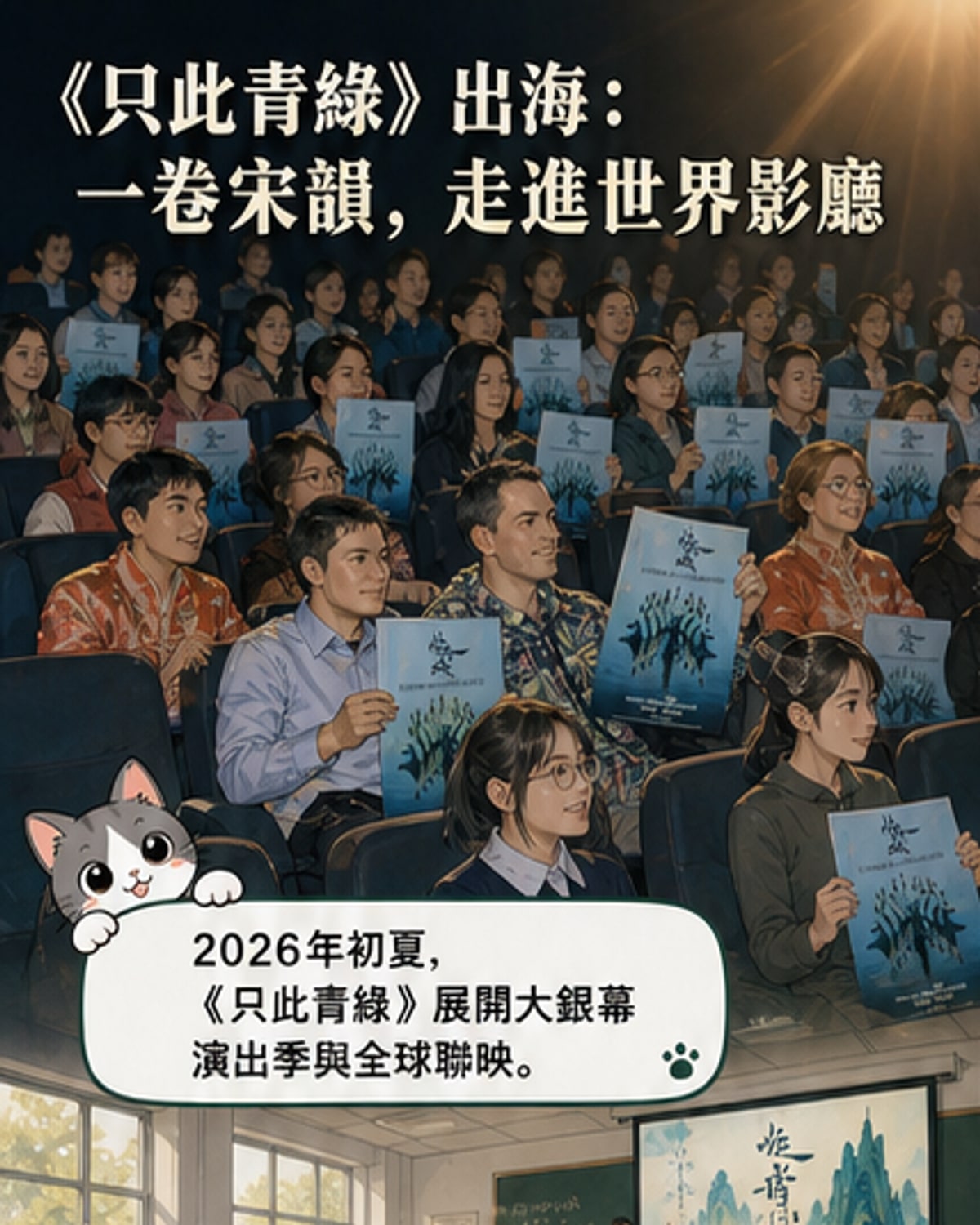 電影《只此青绿》海報，畫面中舞者身著青綠色長裙，在山水意境中旋轉，背景為《千里江山圖》的流動筆觸