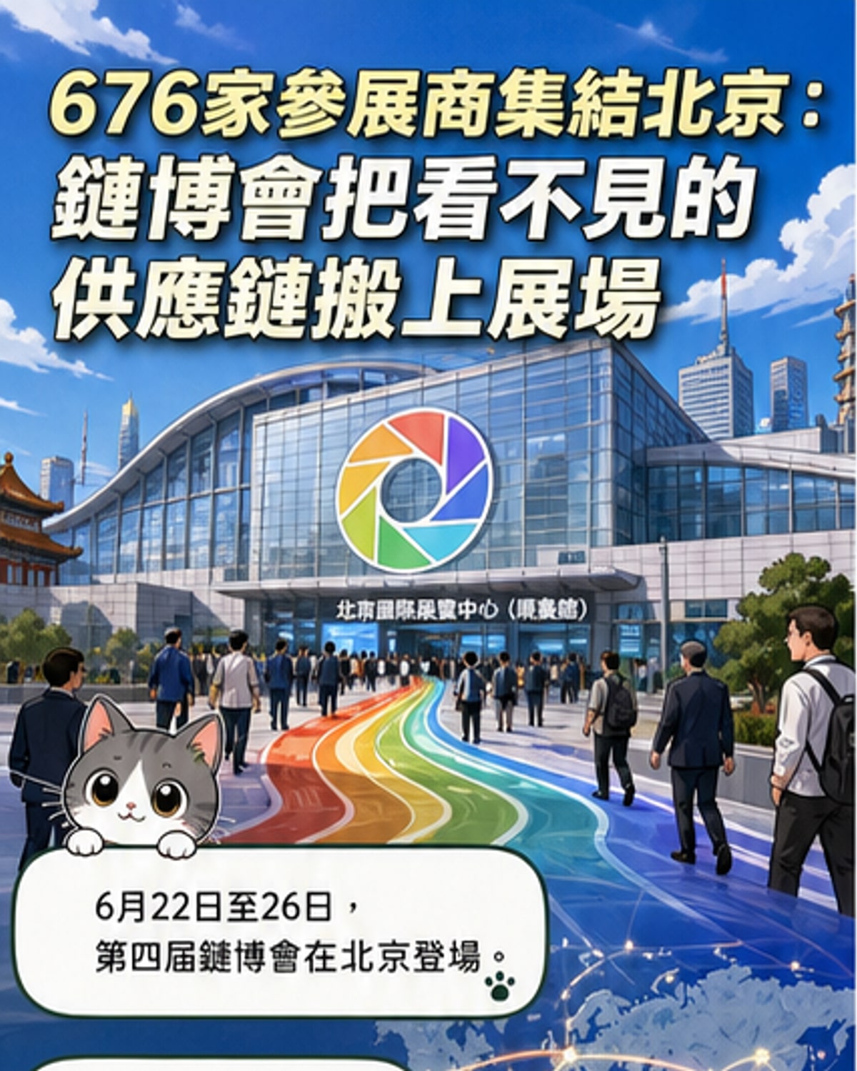第四屆鏈博會宣傳海報，展示六大產業鏈圖示與AI專區標誌，背景為北京展覽館外觀