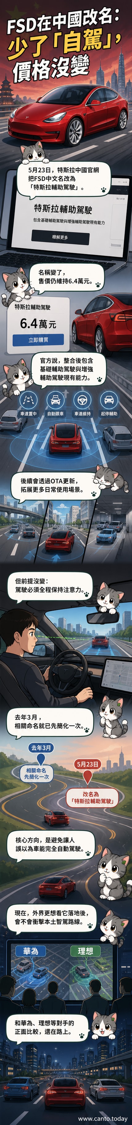 特斯拉車輛行駛在城市道路上,車頭顯示「特斯拉輔助駕駛」中文字樣,強調駕駛輔助功能的定位。