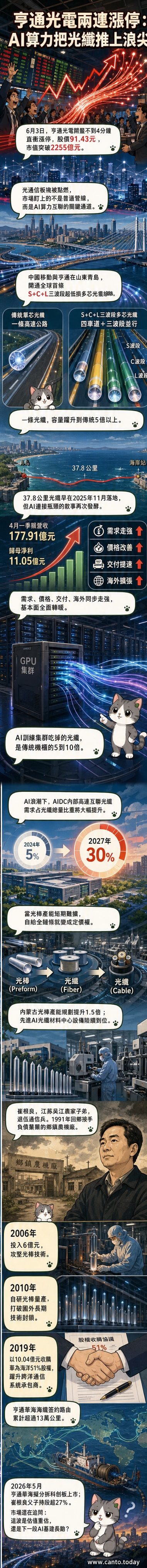 亨通光電創辦人崔根良站在光纖工廠前,背景是AI資料中心與海底電纜的示意圖,象徵傳統製造與新時代算力基礎設施的結合。