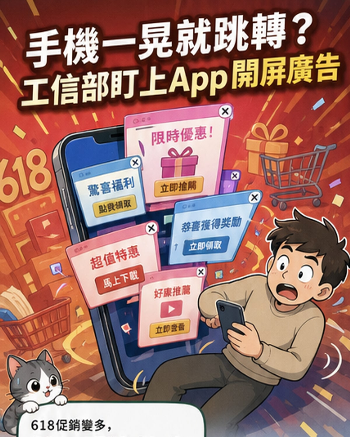 手機螢幕顯示App開屏廣告，搖動後自動跳轉至其他網頁，右上角小字標示關閉按鈕位置偏僻