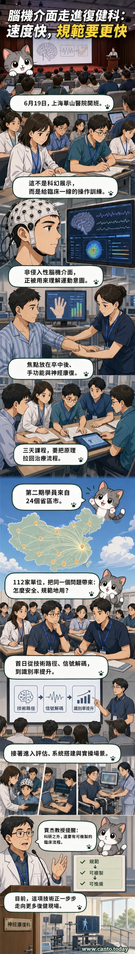 一間現代化教室內,學員專注聽講,前方螢幕展示腦機介面技術原理與臨床應用流程圖解。