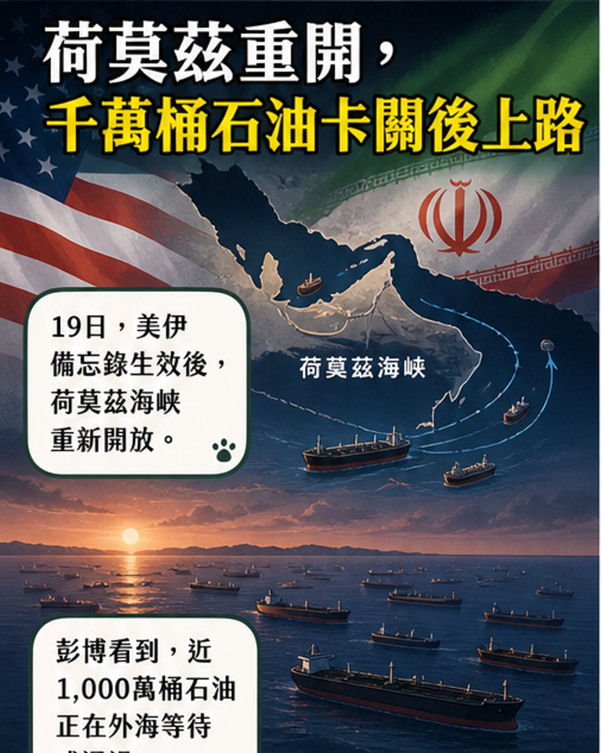 一艘巨型油輪駛過荷莫茲海峽,天空晴朗,海面平靜,象徵中東石油運輸中斷後的逐步恢復。