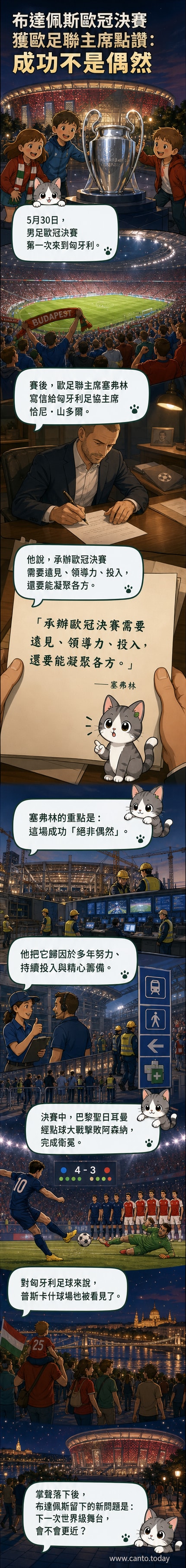 布達佩斯普斯卡什體育場外，孩子們與歐冠冠軍獎盃模型合影，背景為熱鬧的賽事慶祝氛圍。