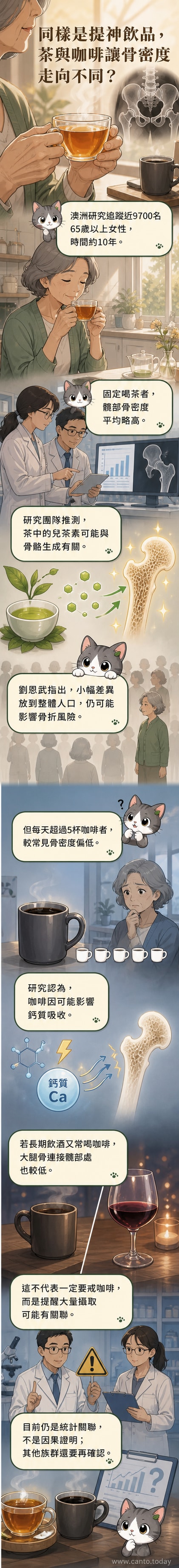 一組年長女性對比圖,一邊喝茶一邊看健康報告,另一邊喝咖啡並顯示骨密度下降趨勢。