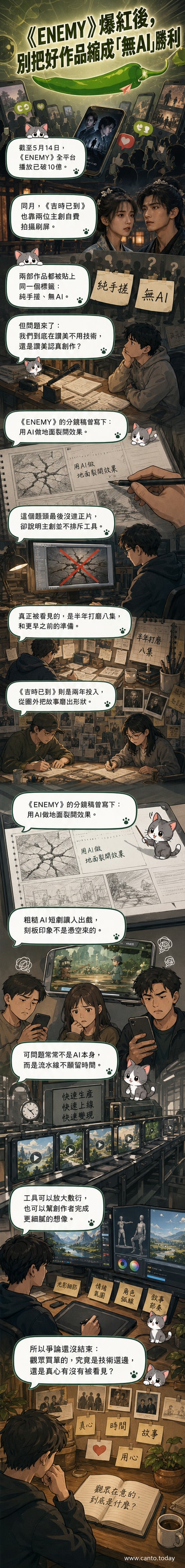 兩部短劇《ENEMY》與《吉時已到》的視覺對比,象徵手工創作與AI技術的辯證關係,背景為分鏡稿與AI生成畫面拼接。