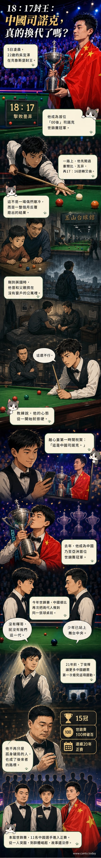 三位中國斯諾克選手丁俊暉、趙心童、吳宜澤站在克魯斯堡劇院舞台中央，象徵中國力量崛起