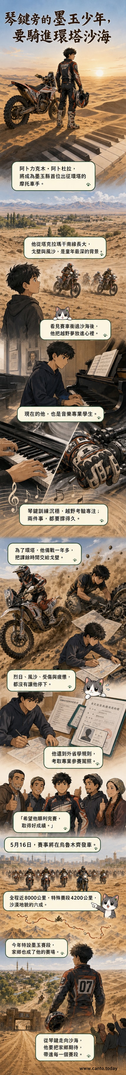 一位戴著頭盔的年輕摩托車手站在沙漠邊，身後是廣袤戈壁與遠方的山影，象徵夢想起航。
