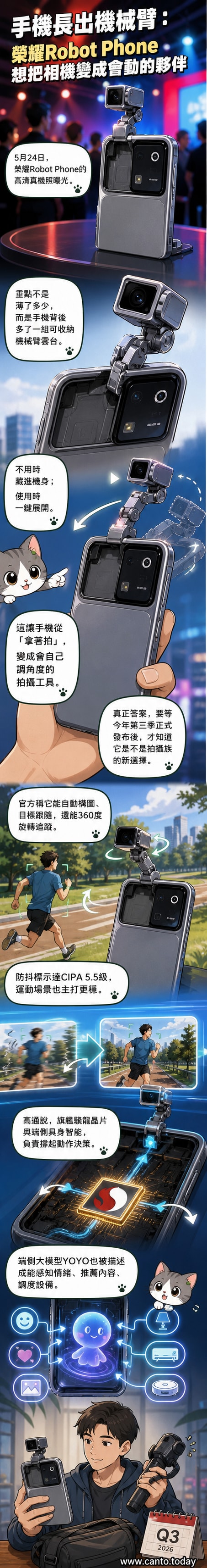 榮耀Robot Phone實機圖，顯示手機背面伸出機械臂雲台，可360度旋轉追蹤拍攝目標。