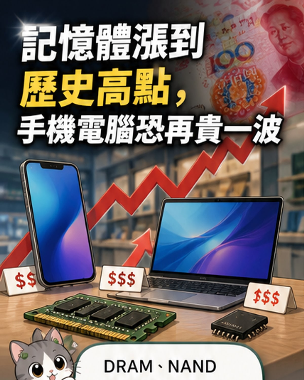 一塊發熱的記憶體晶片,周圍環繞著手機、筆電等電子產品,價格標籤不斷上調,象徵記憶體成本飆升帶動整體裝置漲價。