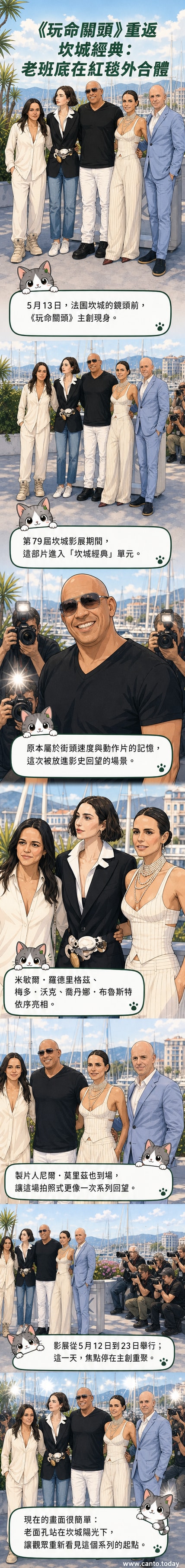 《玩命關頭》主創團隊在坎城影展紅毯上合影,從左至右為蜜雪兒·羅德里奎茲、梅多·沃克、馮·迪索、喬丹娜·布魯斯特與製片人尼爾·莫里茨。
