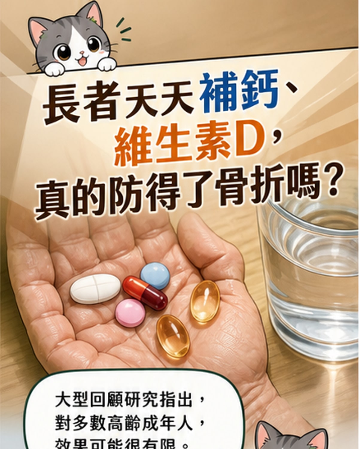 一位長者坐在沙發上,手邊放著鈣片與維生素D瓶罐,背景顯示醫療圖示與研究數據圖表,傳達補充劑效果受質疑的主題。