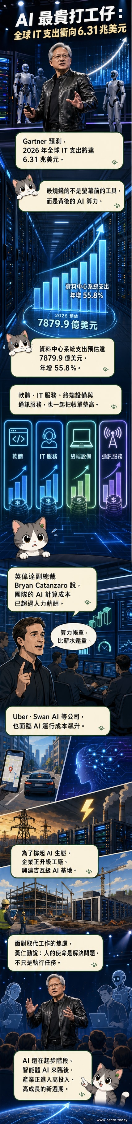一組伺服器前站著小型AI機器人與人類工程師,AI機器人拿著帳單,金額遠高於人類薪資單,背景是不斷攀升的圖表。