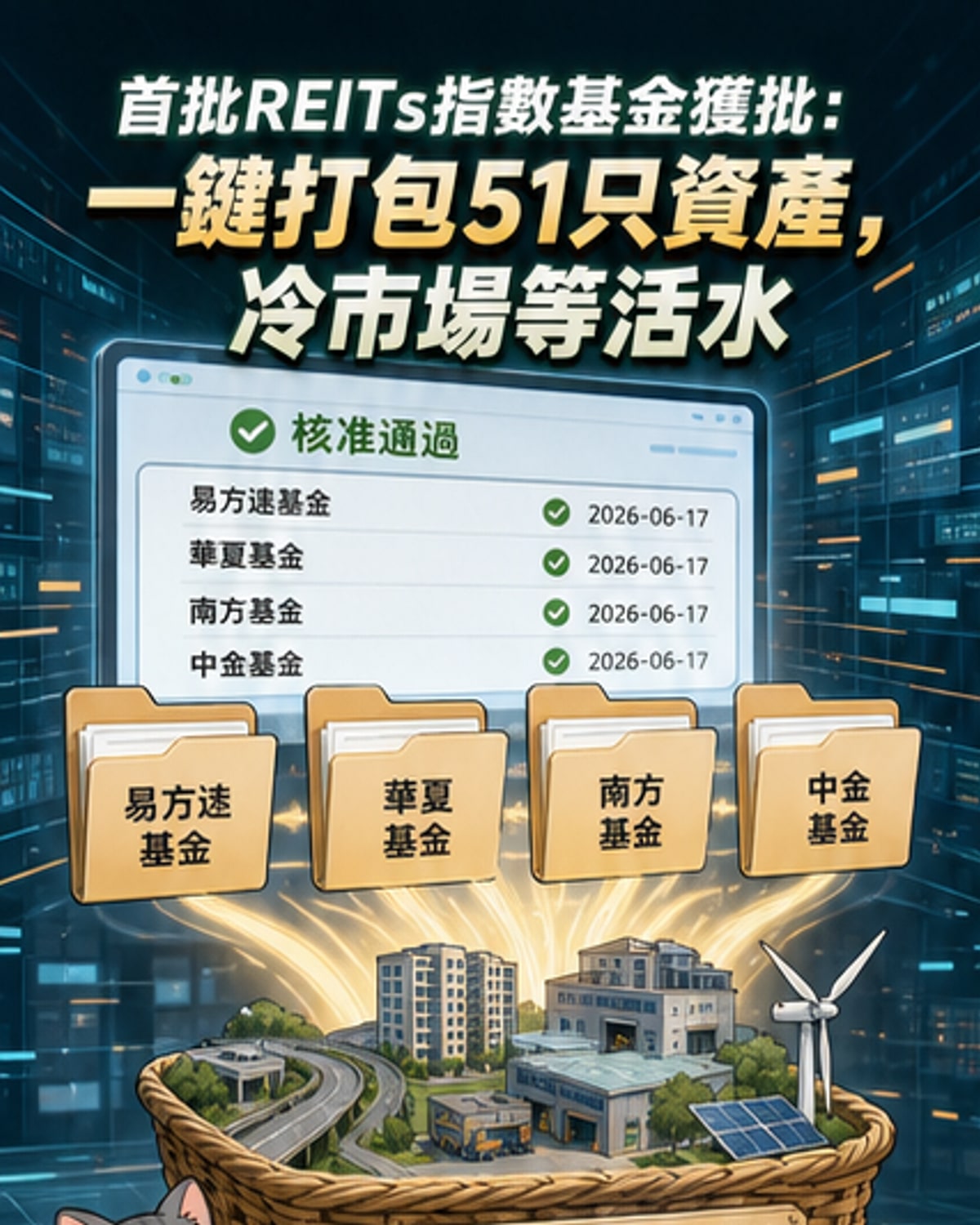四家基金公司標誌圖圍繞一組上升的REITs指數曲線圖，背景為城市地標建築剪影