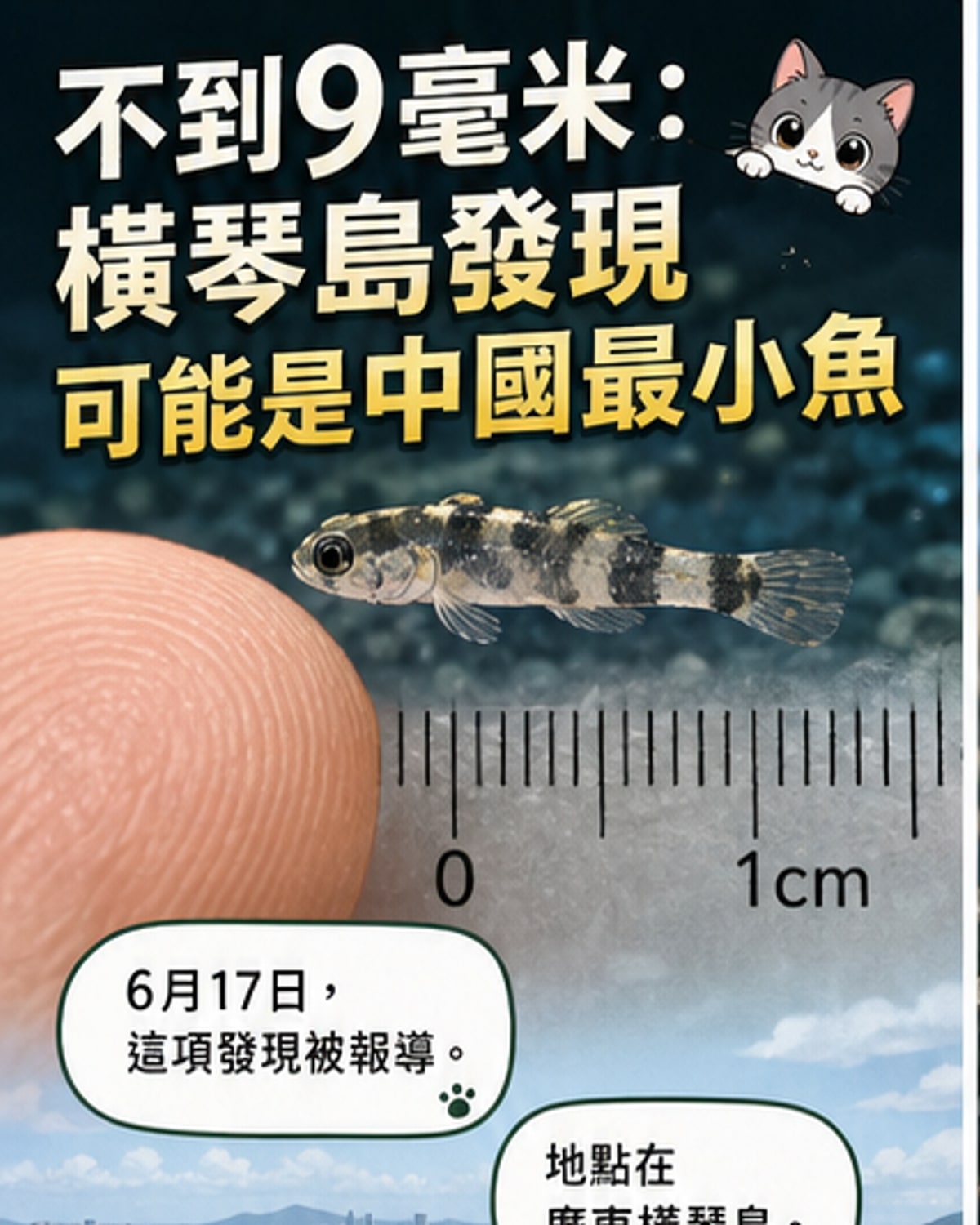 一尾體長不到9毫米的微型魚類，與一枚硬幣相比僅佔一小部分，背景為河口濕地生態示意圖。