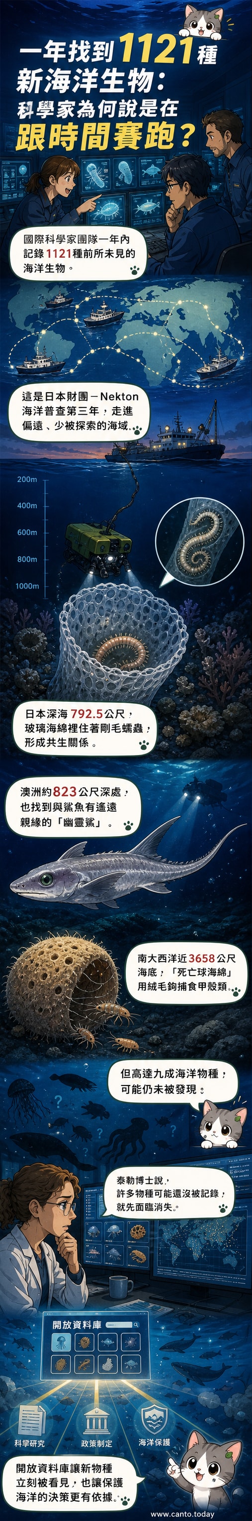 深海探測畫面中,科學家發現多種新物種,包括與玻璃海绵共生的蠕蟲與捕食甲殼類的死亡球海绵。