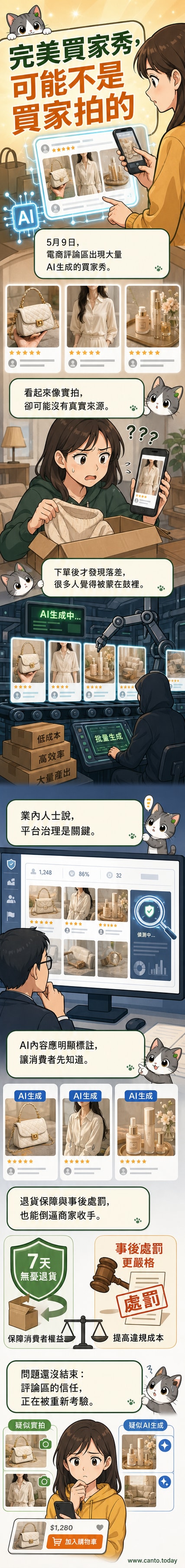 一張手機螢幕顯示多張完美但明顯重複的產品圖片,旁邊浮現「AI生成」警示標籤