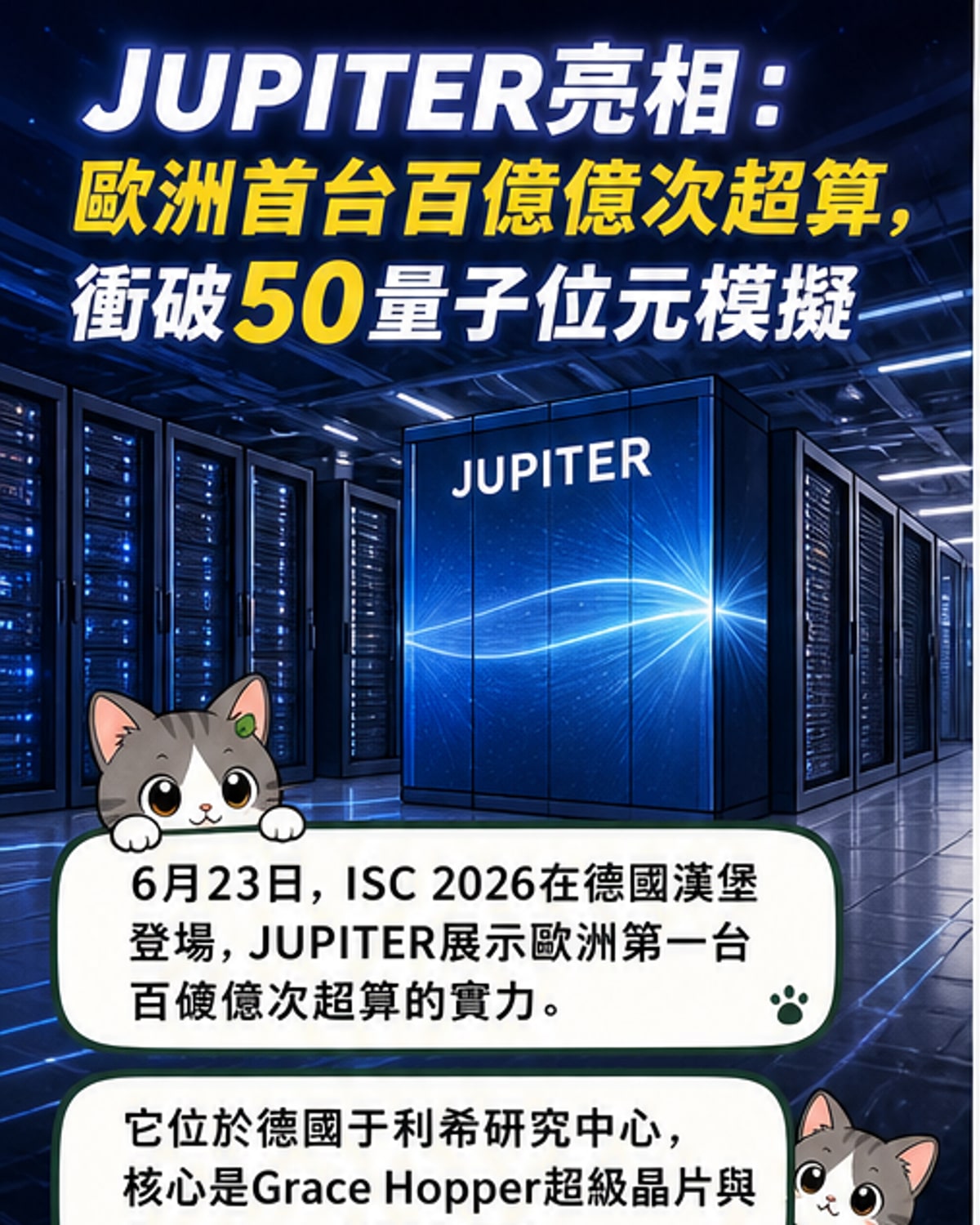 一組由英偉達GH200晶片驅動的超級計算機機櫃，背景為量子電路與氣候模型的動態視覺化投影