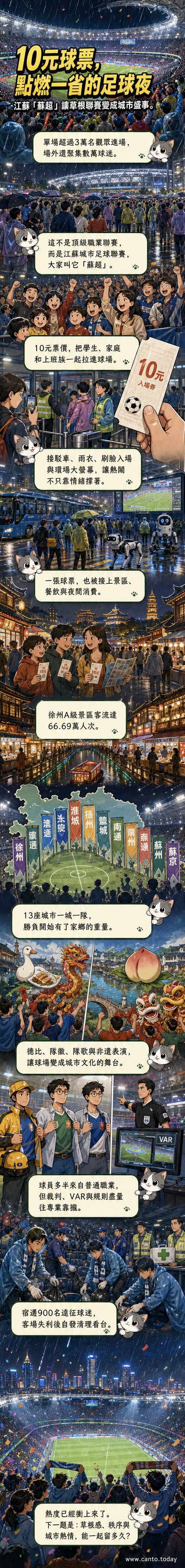 一場雨中的足球賽,六萬名觀眾高舉雨衣與旗幟齊唱國歌,場邊有機器人表演與環場巨幕,展現科技與人文交融的現代草根賽事場景