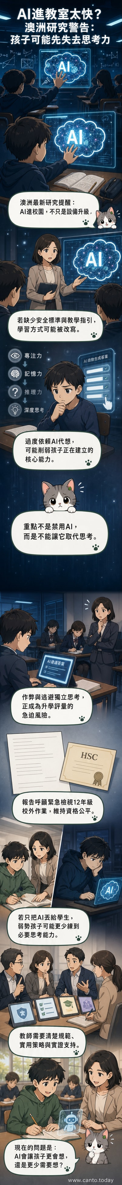 一名學童盯著發出藍光的AI裝置,腦中思緒逐漸被機器取代,象徵認知能力被削弱。
