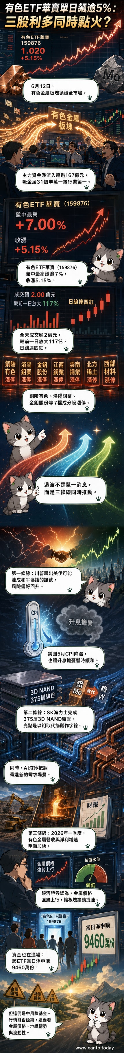 一張資訊圖展示華寶有色ETF在6月12日的交易數據：價格上漲5.15%、成交額2億元、淨申購9460萬份，並標示推動漲勢的三大因素：地緣風險緩和、鉬材料技術突破、AI液冷需求增長。