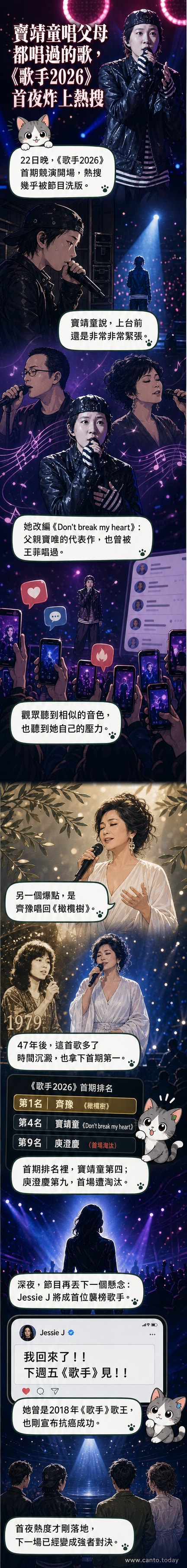 《歌手2026》舞台燈光璀璨,齊豫與竇靖童分站兩側,中央懸浮著麥克風與音符光影,背景是觀眾席與熱搜詞條浮動的虛擬城市夜景。