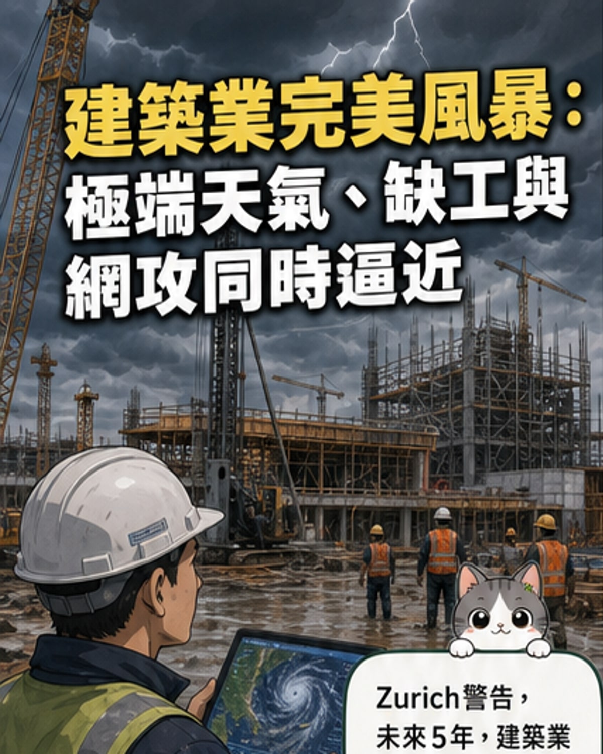 建築工地在暴雨中停工，背景顯示網路警報符號，象徵氣候與數位風險雙重打擊。