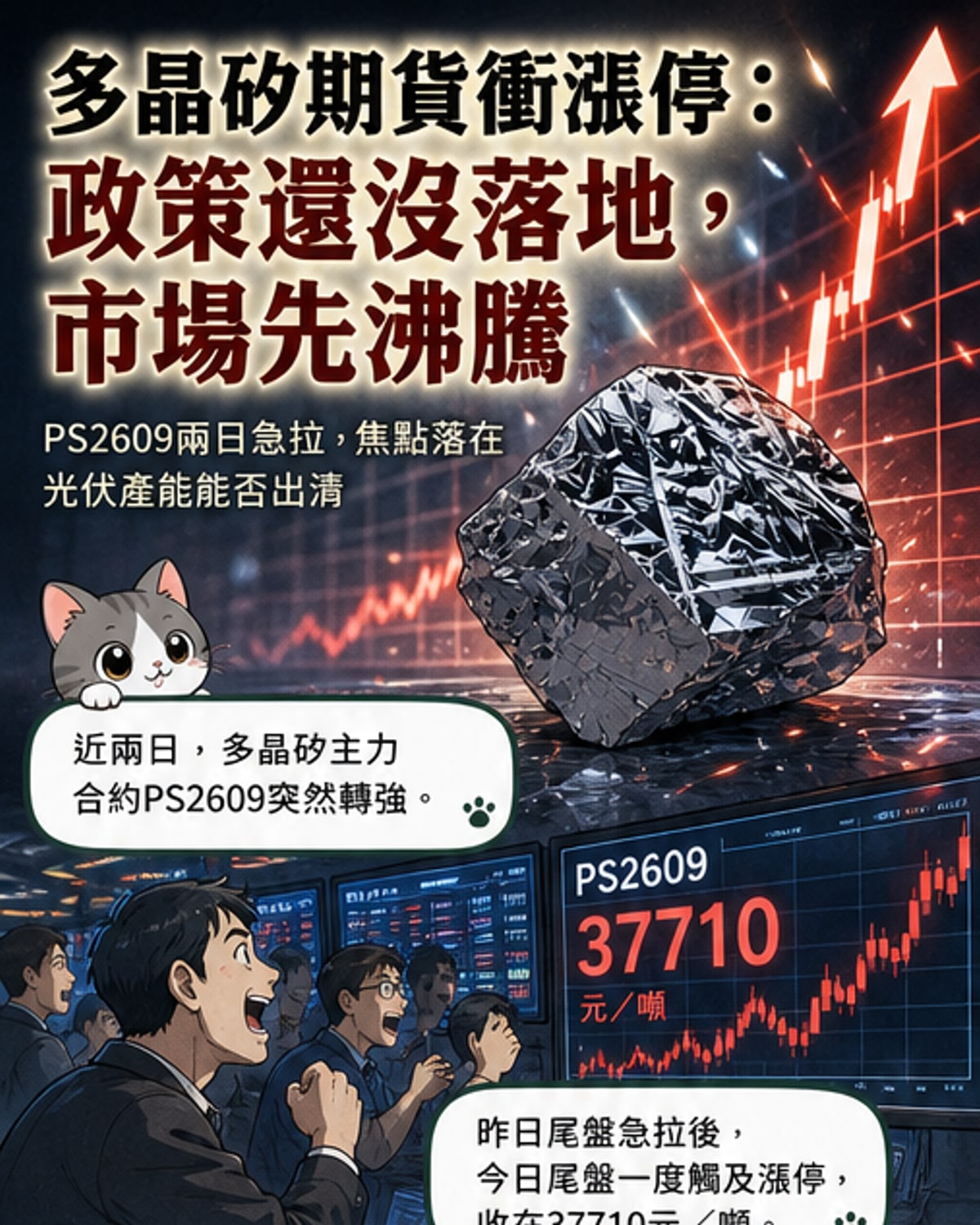 多晶硅期貨價格走勢圖與產業供需關係示意圖,顯示價格短線飆升但基本面仍弱