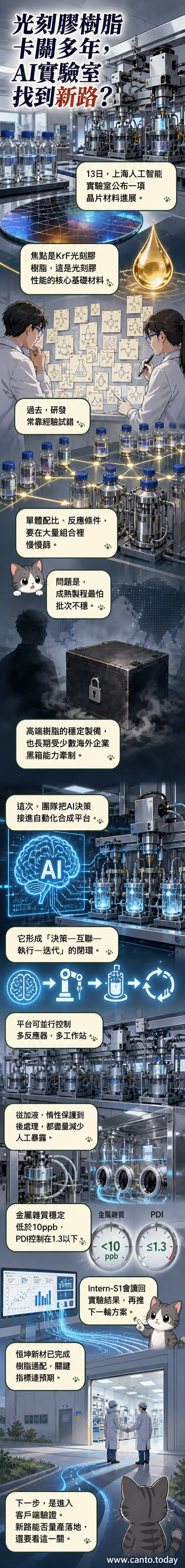 一組自動化實驗裝置在無塵環境中運作,機械臂精準轉移液體,螢幕顯示AI生成的分子結構與合成路徑,背景為半導體晶圓圖案。