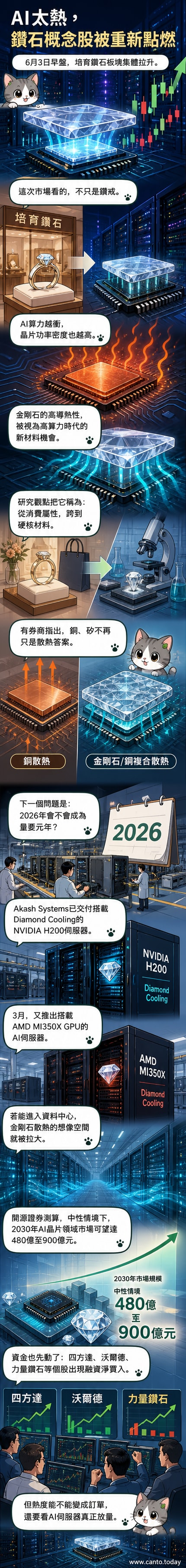 一塊閃耀的合成鑽石嵌在AI伺服器散熱模組中，象徵AI算力與新材料的結合