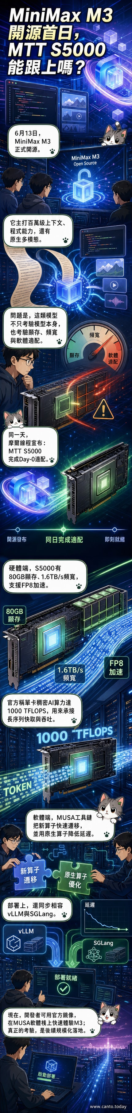 MiniMax M3開源大模型與摩爾線程MTT S5000智算卡技術整合示意圖,背景為數據流與晶片線路融合的動態視覺。