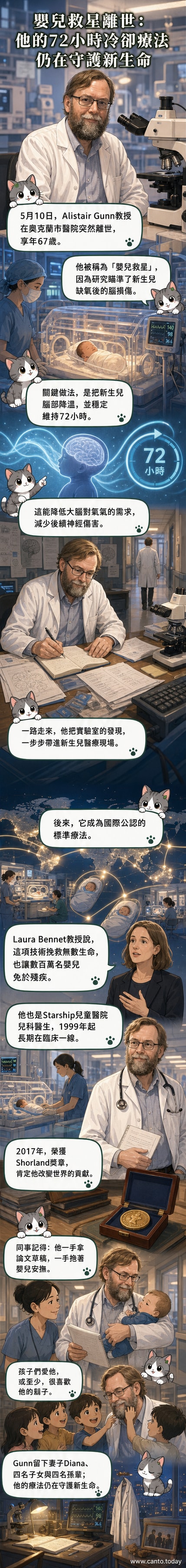 黑白照片風格插畫：Alistair Gunn教授微笑抱著新生兒，背景有醫療設備與降溫毯，象徵腦冷卻療法的溫暖守護。
