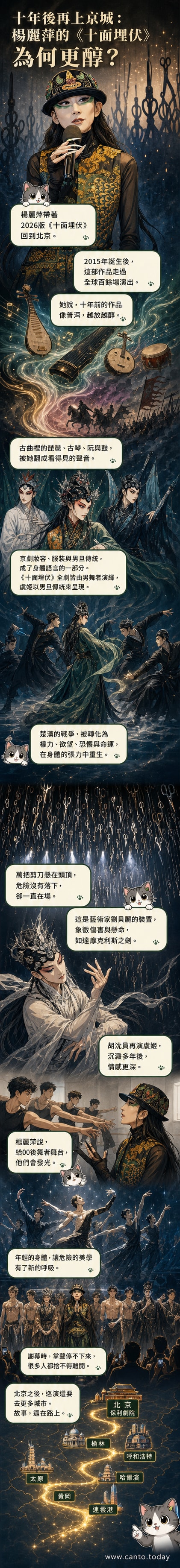 舞台上空懸掛著數千把剪刀,舞者在光影中以肢體演繹《十面埋伏》的命運對決,楊麗萍作品標誌性視覺意象。