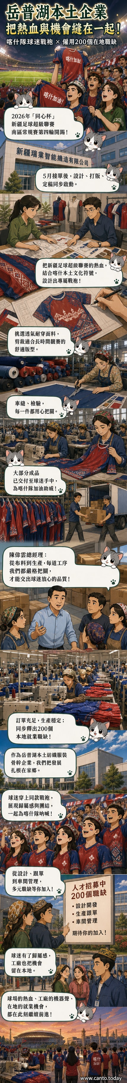 一名身穿印有喀什队标志与民族图纹的红色助威衫的球迷,在球场看台上高举双手欢呼,背景是满座的观众与绿茵赛场
