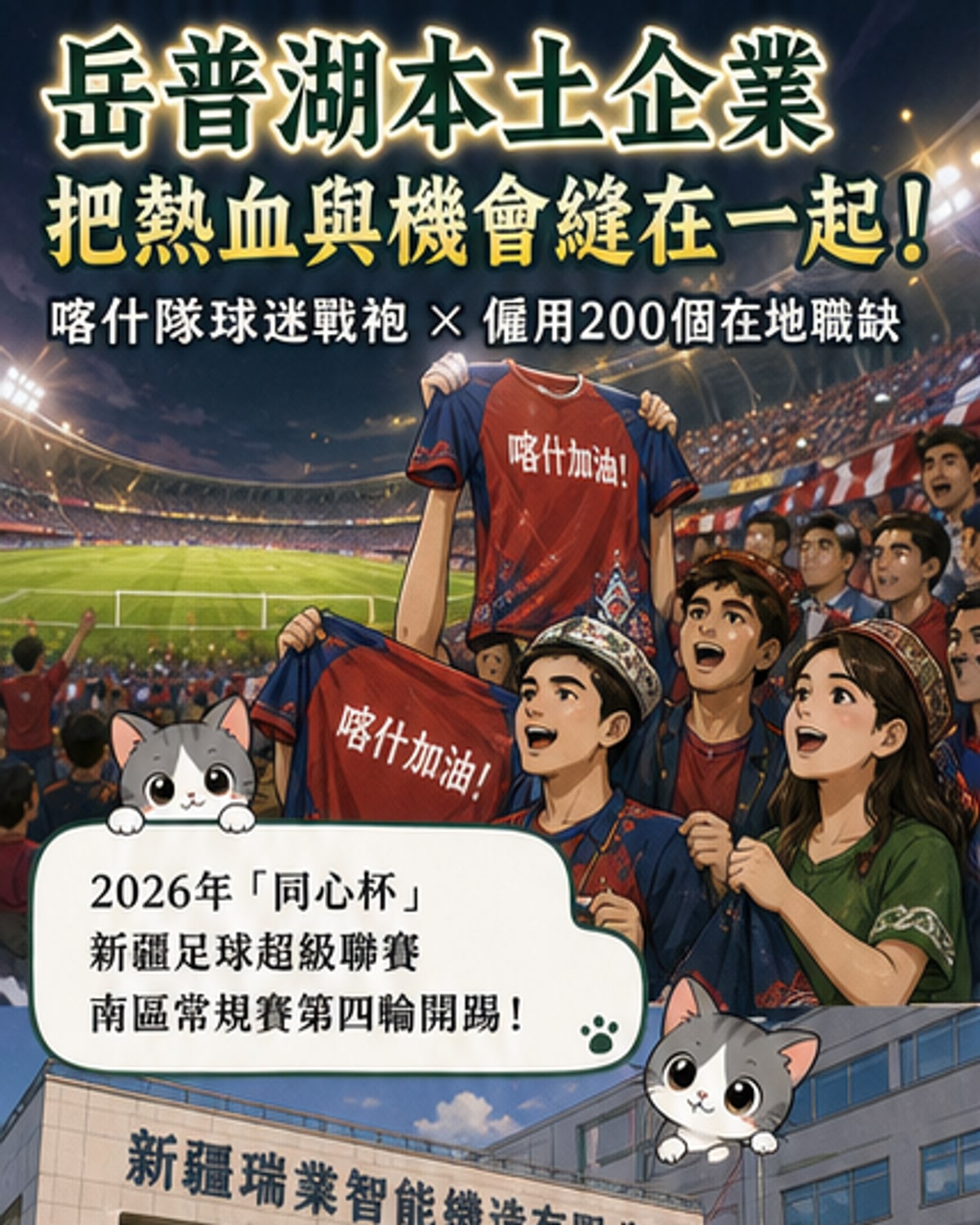 一名身穿印有喀什队标志与民族图纹的红色助威衫的球迷，在球场看台上高举双手欢呼，背景是满座的观众与绿茵赛场
