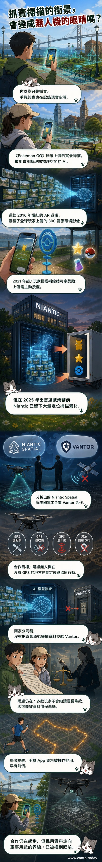 一名玩家在公園使用手機玩《寶可夢GO》,螢幕上顯示虛擬寶可夢出現在長椅旁,背景有路燈與樹木,象徵日常遊戲行為可能間接支援軍事科技發展。
