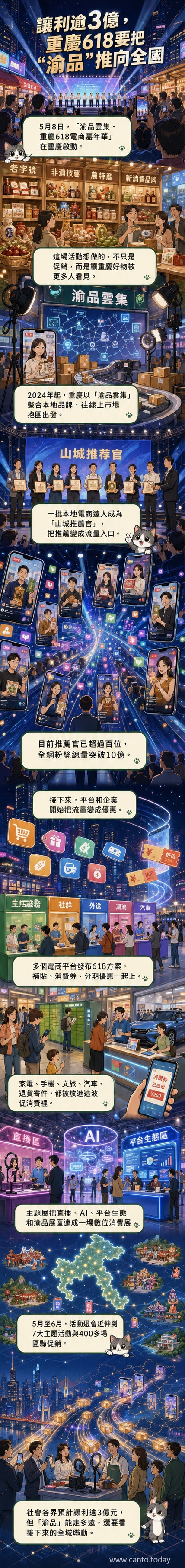 重慶618電商嘉年華現場人潮湧動,攤位展示在地商品與AI互動技術,直播達人正在進行現場直播。