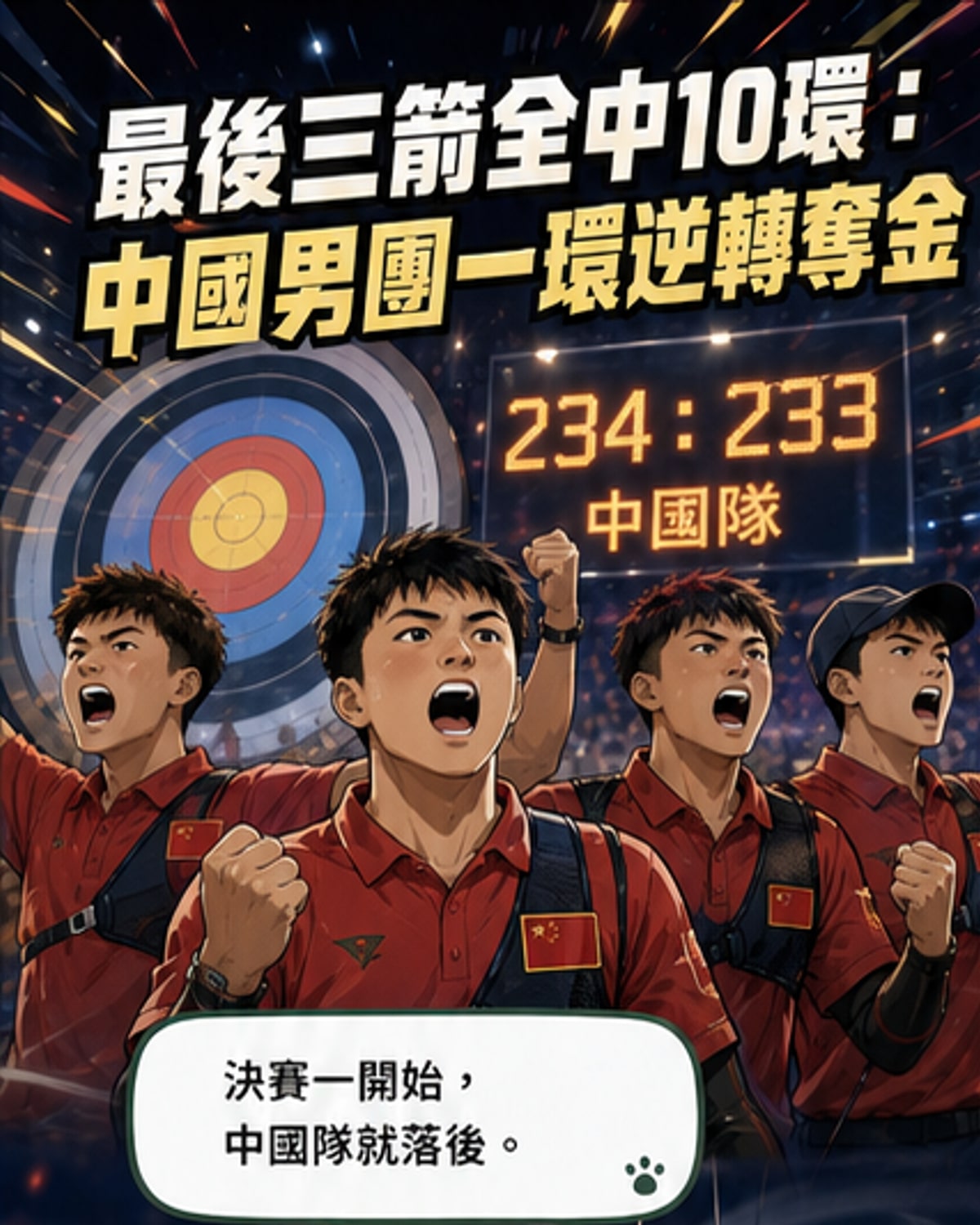複合弓男團逆境奪金的關鍵一輪