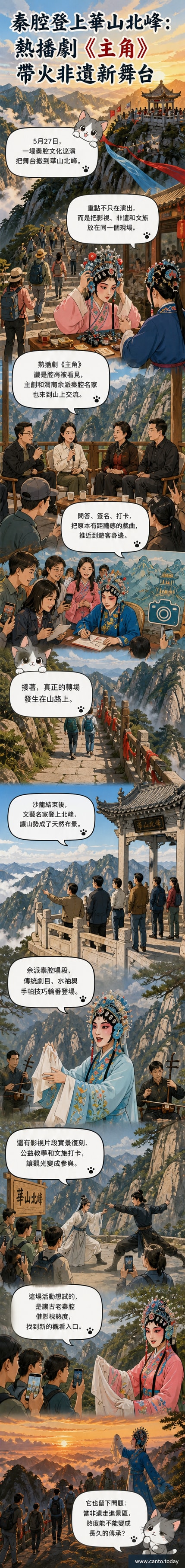 華山北峰紀念亭前,秦腔演員身著戲服在山間表演,遊客圍觀合影,背景為險峻山巒。