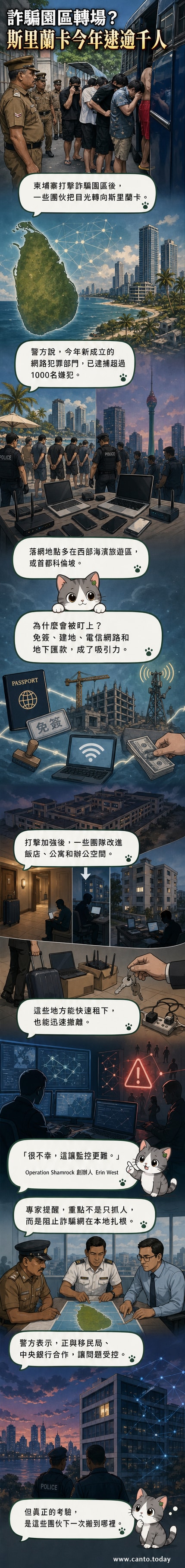 斯里蘭卡獄警押送涉嫌經營網絡詐騙中心的嫌犯進入監獄，背景為當地司法設施。