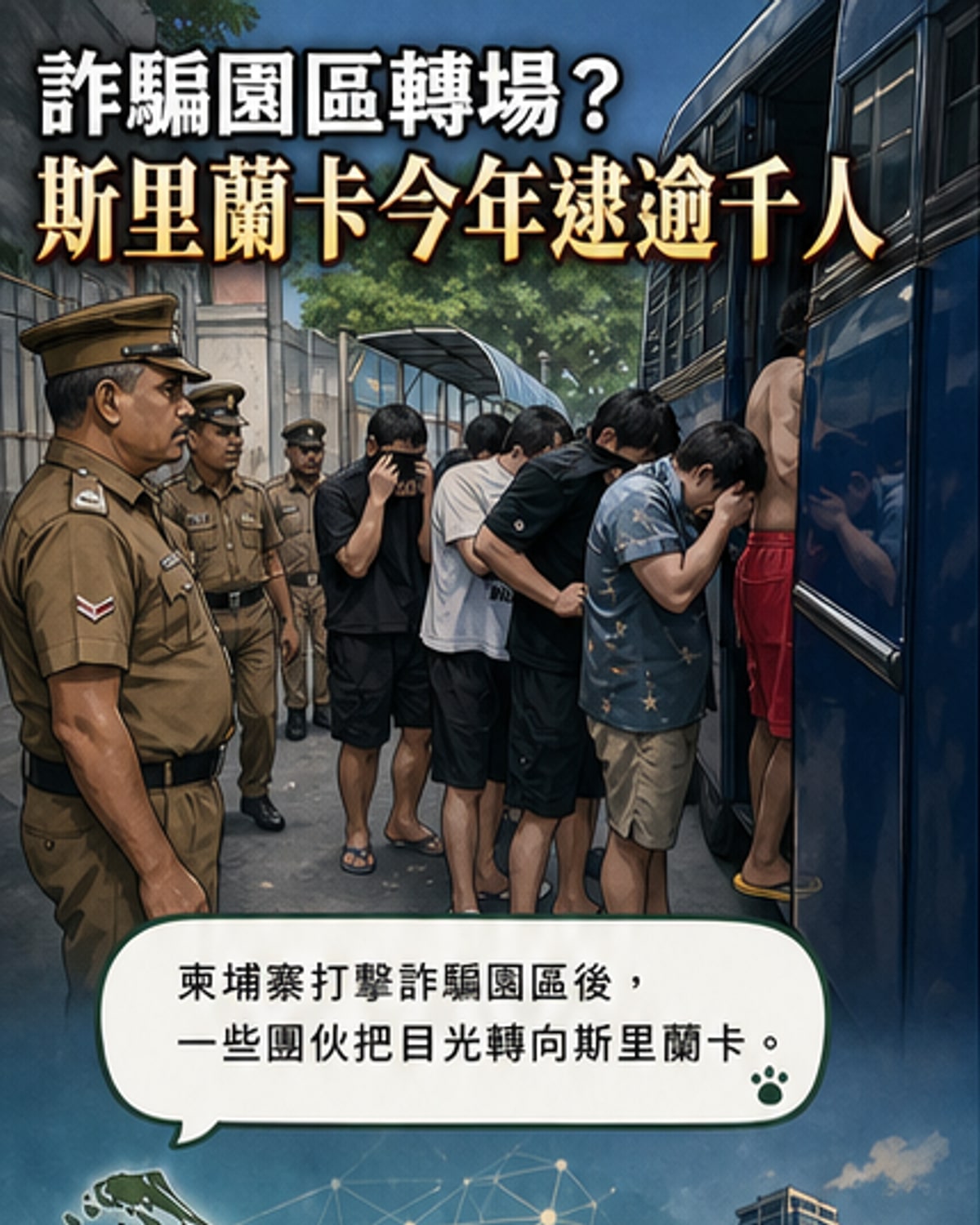 斯里蘭卡獄警押送涉嫌經營網絡詐騙中心的嫌犯進入監獄,背景為當地司法設施。
