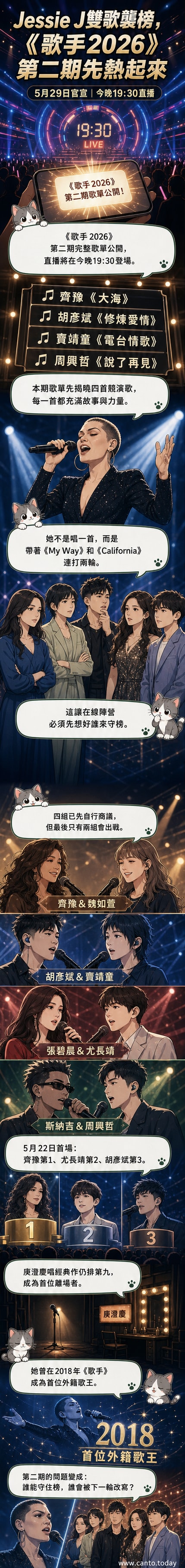 《歌手2026》第二期節目海報，背景為舞台燈光，列出Jessie J、齊豫、胡彥斌、竇靖童等參賽歌手與演唱曲目