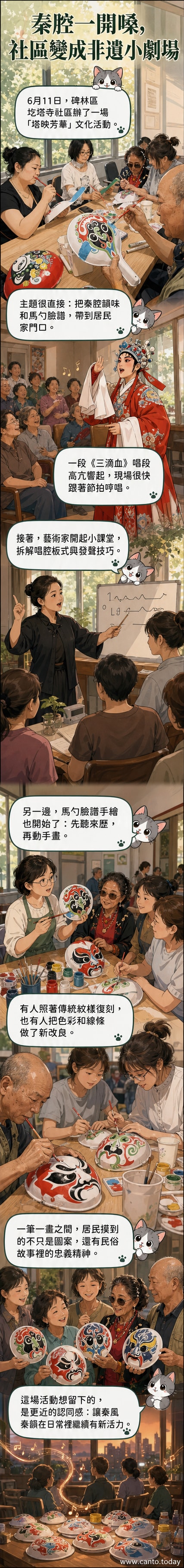 西安社區活動現場,居民圍坐參與馬勺臉譜彩繪,背景可見秦腔表演舞台與傳統戲服展示