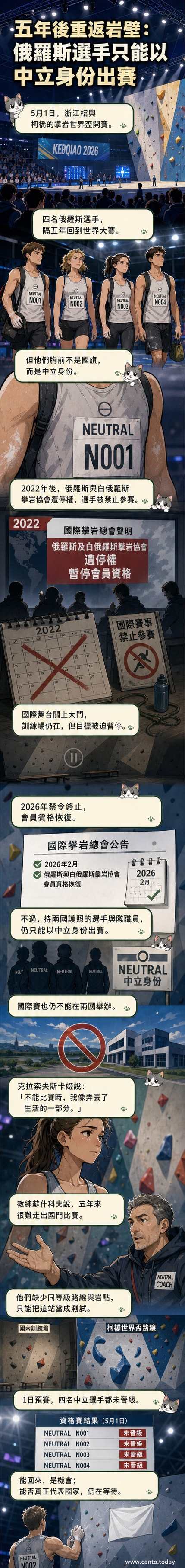 兩名俄羅斯攀岩選手身穿無國籍標誌的中性隊服，在紹興柯橋的攀岩牆前準備出賽，背景為國際賽事橫幅與觀眾席。