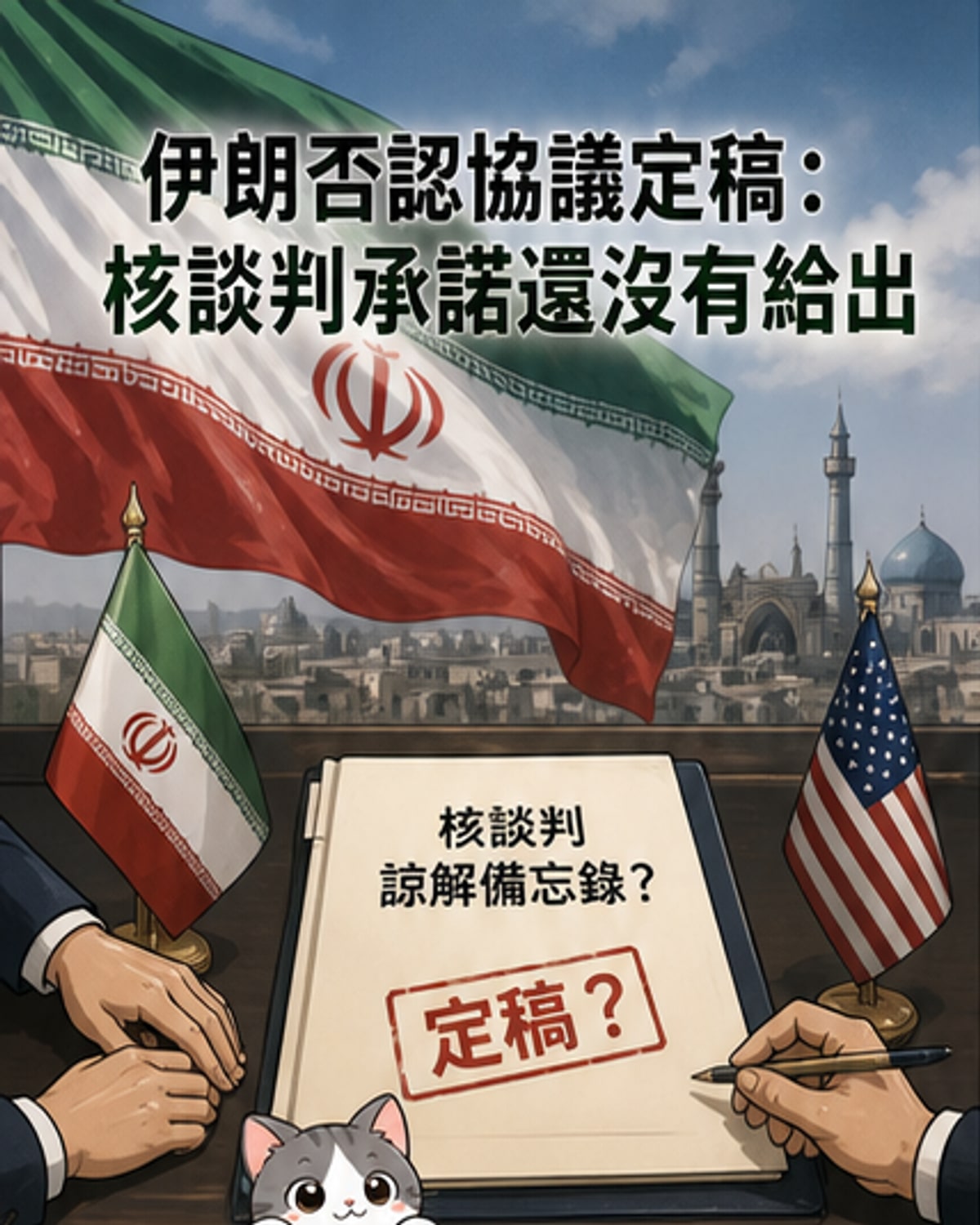 一張國際地圖上標示伊朗與美國位置，中間有談判桌與巴基斯坦代表，象徵三方間的外交協商進程。