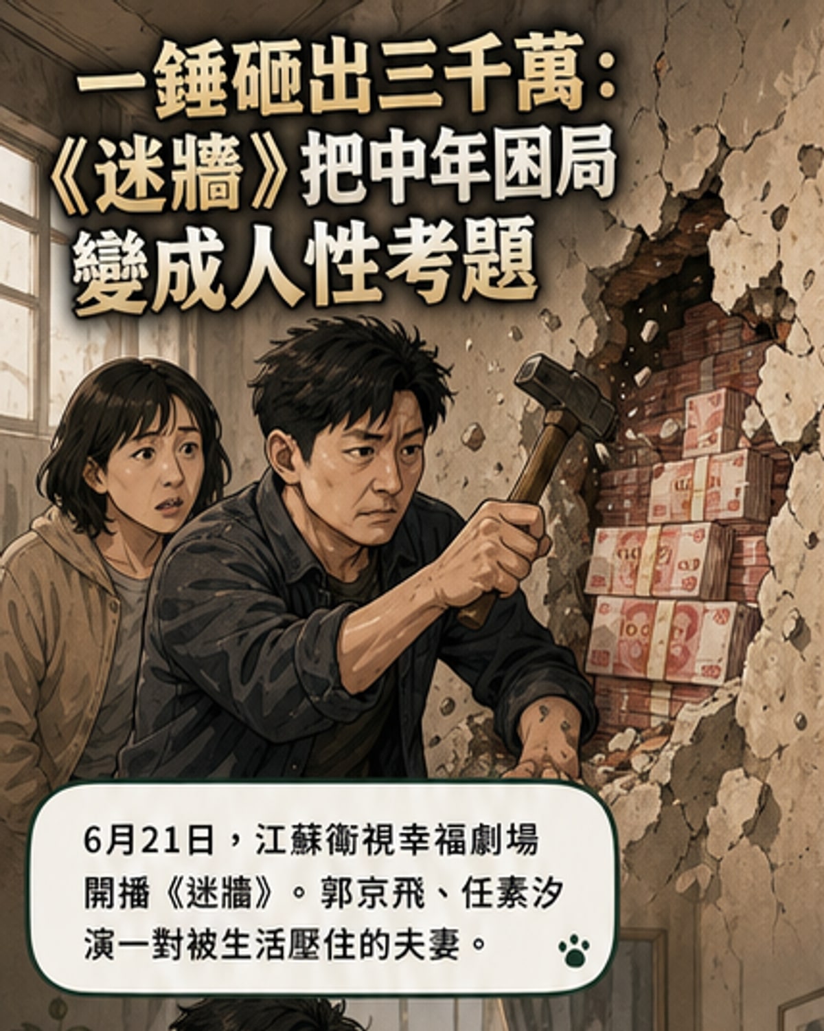 郭京飛與任素汐飾演的夫妻站在破損的牆前,地上散落鈔票,神情複雜。