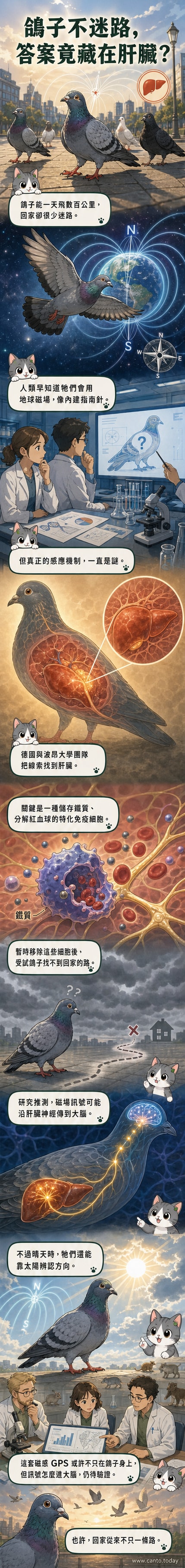 一隻鴿子站在城市屋頂上，頭部微微轉動，彷彿在辨識方向；畫面角落以簡潔圖示呈現肝臟與磁場線，象徵其內建導航機制。